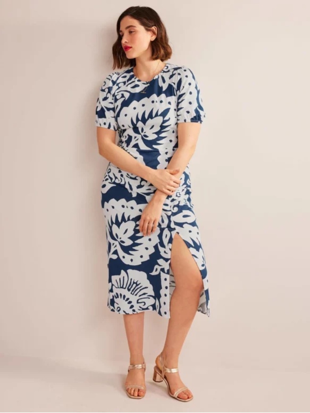 Boden Blue White Floral Cutout Back Midi Dress Short Sleeve UK 18R US 14R